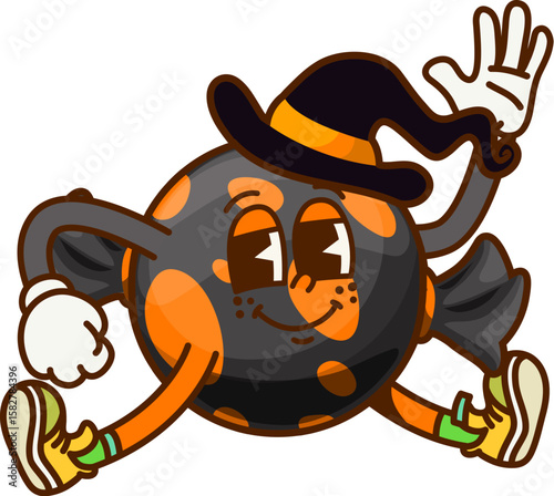 Cartoon groovy Halloween candy character. Vector cute sweet toffee in black wrap with orange dots and witch hat. Dessert, caramel snack for kids trick or treat party. Holiday confectionery personage