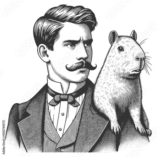 man in a tuxedo holding a calm capybara sketch engraving generative ai fictional character vector illustration. Scratch board imitation. Black and white image.