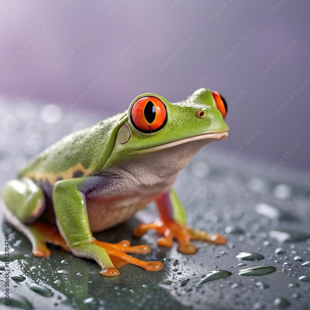 Obraz premium A vibrant red-eyed tree frog sits on a wet surface. The frog has bright green skin, orange feet, and striking red eyes, showcasing its unique features.