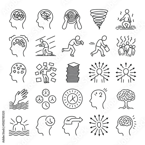 Collection of Twenty Five Line Art Icons Depicting Mental Health Challenges Stress Overwhelm Anxiety Time Management and Cognitive Processes Including Brain Imagery and Human