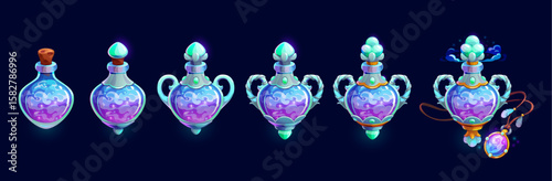 Magic air, game rank badge for level progress stage and cartoon asset, vector GUI element. UI. Magic air in lamp or bottle vial, energy or power elixir for game rank badge and level progress stage
