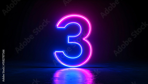 A glowing neon number three in pink and blue hues stands out against a dark background, creating a vibrant visual contrast