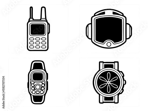 Collection of icons featuring communication and timekeeping devices