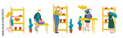 Pottery Workshop with Man and Woman Doing Clay Pot Vector Set