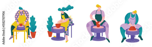 Pottery Workshop with Man and Woman Doing Clay Pot Vector Set