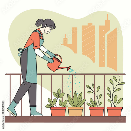 Woman watering plants on a balcony with city buildings in the background on a sunny day in the city