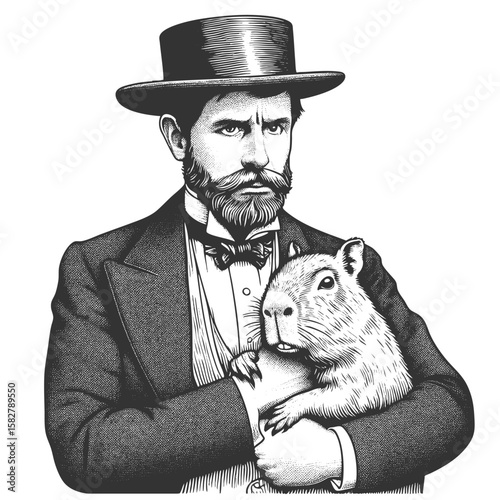 man in a tuxedo holding a calm capybara sketch engraving generative ai fictional character vector illustration. Scratch board imitation. Black and white image.