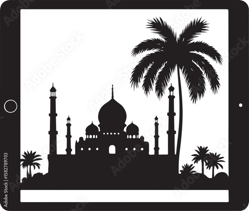Tablet displaying mosque and palm trees silhouette black
