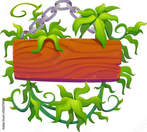 Wooden plank sign board with chain and jungle lianas. Entrance or road direction isolated cartoon vector sign board. Hanging wooden signboard, information message blank signpost with jungle leaves