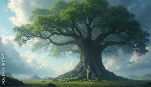 A colossal Tree of Life with cloud-like branches and roots dominating a sunlit sky, rendered in epic detail., ultra detailed, 8k resolution, HDR, professional