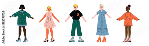 Young Man and Woman Character Standing in Trendy Wear and Fashion Outfit Vector Set