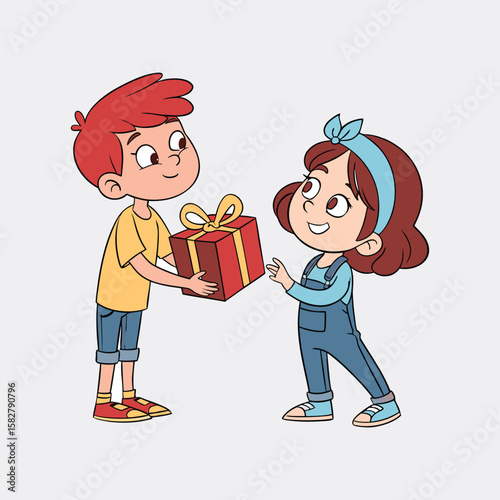 A heartwarming vector illustration portrays a young boy presenting a wrapped gift to a smiling girl, symbolizing joy and togetherness.