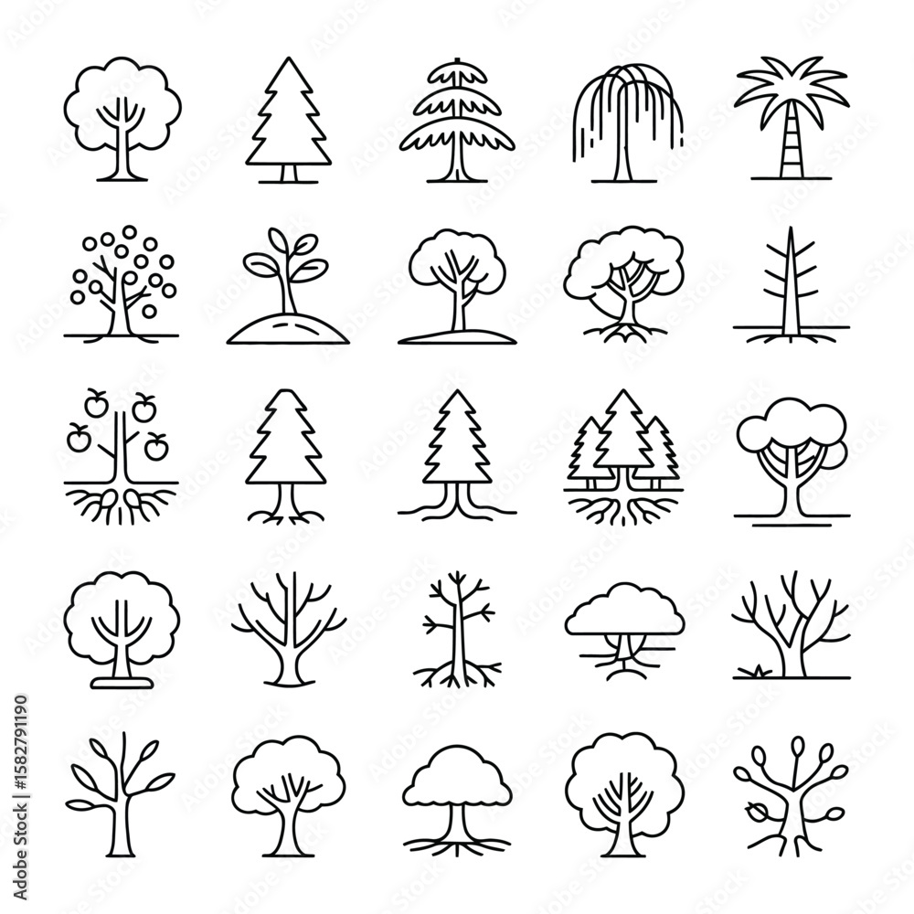 Fototapeta premium Collection of Twenty Five Linear Black Tree Icons Diverse Species Styles Including Deciduous Coniferous Fruit Trees Palm and Bare Trees Root Systems Illustrated