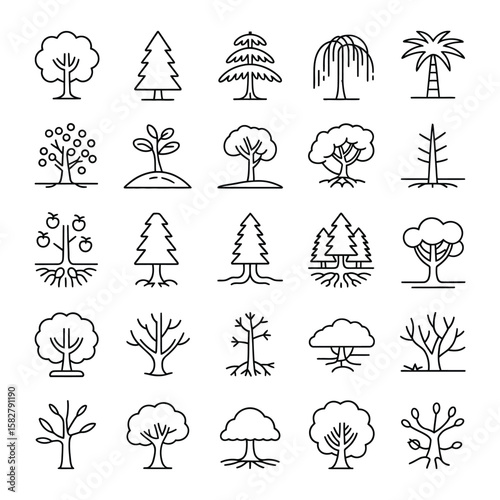 Collection of Twenty Five Linear Black Tree Icons Diverse Species Styles Including Deciduous Coniferous Fruit Trees Palm and Bare Trees Root Systems Illustrated