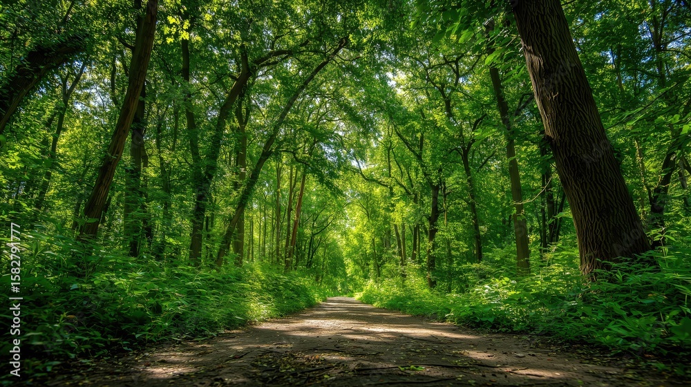 Naklejka premium Lush green foliage creates massive shadow in a forest