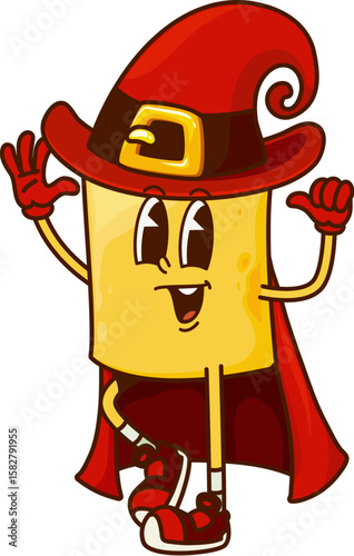 Groovy pasta wizard, Halloween cartoon character with funny face, vector personage. Halloween holiday pasta cartoon character with silly smile in witch hat and magician mantle or mage magic cape