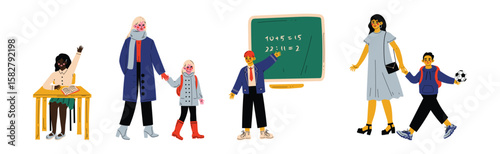 Happy Children with Backpack Going to Elementary or Middle School with Parent Vector Set