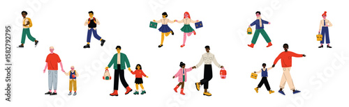 Happy Children with Backpack Going to Elementary or Middle School with Parent Vector Set
