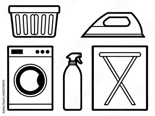 Clean laundry icons washing machine iron basket sprayer and board