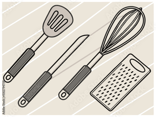 Essential kitchen utensils including a spatula knife whisk and grater