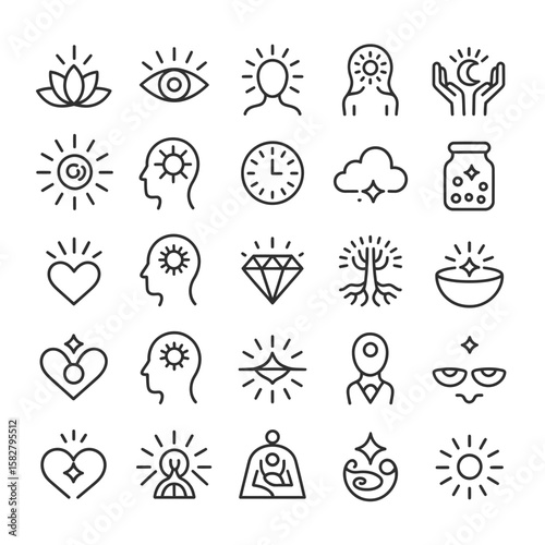 Collection of Twenty Five Linear Style Black and White Icons Depicting Spiritual Concepts Such as Enlightenment Inner Peace Meditation Mindfulness and Self Care Including