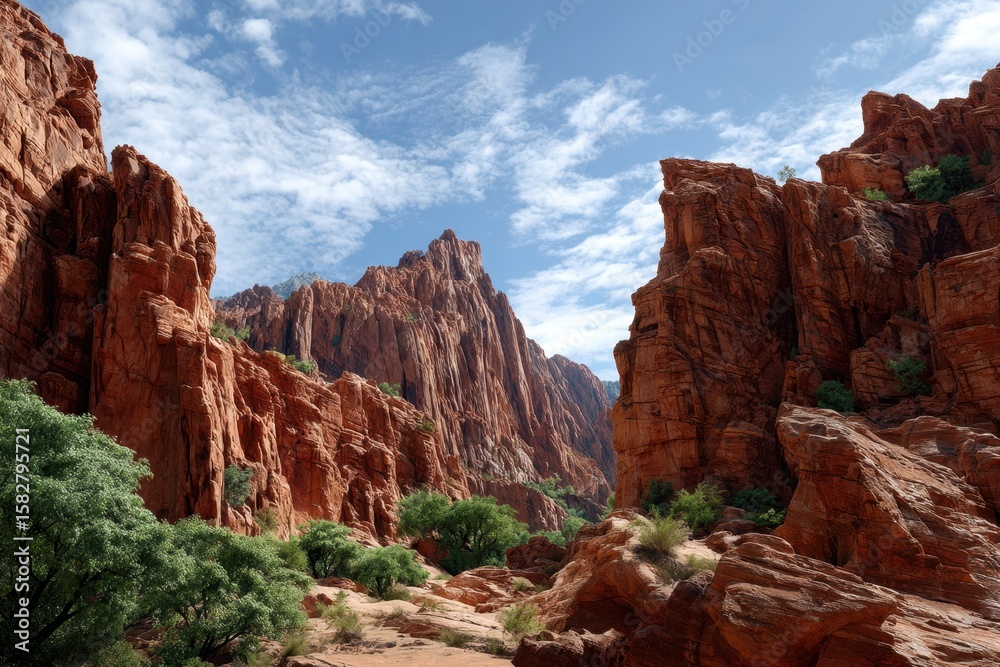 Fototapeta premium Red rock canyons with lush greenery under a clear blue sky in daytime