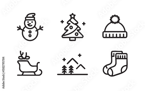 Winter holiday icons snowman tree sleigh socks christmas