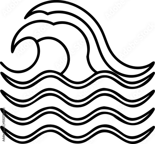 Ocean wave line art design with flowing water and curling crest, symbolizing nature power and movement