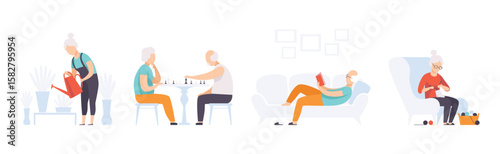 Senior People Character Engaged in Different Activities and Hobbies Vector Set