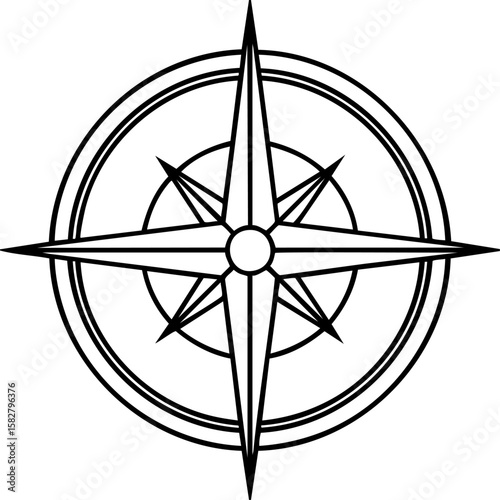 Compass rose icon with sharp points and circular rings, symbolizing navigation and direction with clean, minimalistic design