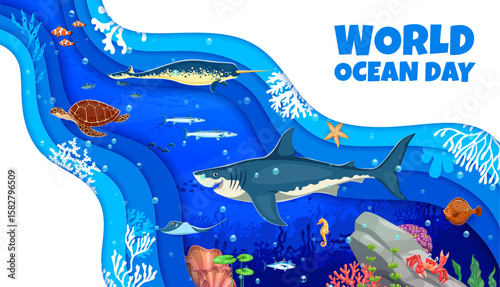 World oceans day paper cut banner with sea animals and underwater landscape. Marine life protection and ecology saving paper cut vector flyer or ocean day cutout poster with shark, turtle and narwhal
