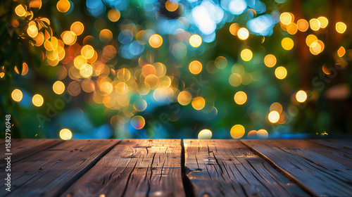 Backyard background party, empty wooden tabletop sale with blurred bokeh background. Bbq party, rustic wood background summer. Wooden table outside holiday product, night party table top