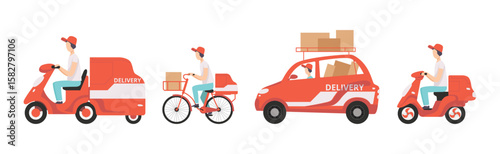 Delivery Express Service with Man Driving Transport Vector Set