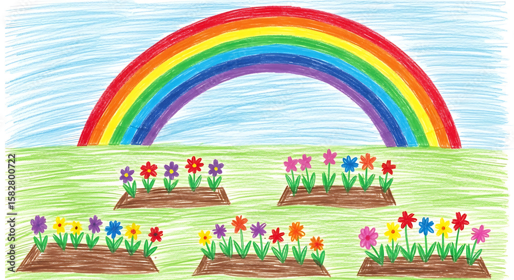 Fototapeta premium Child's drawing depicts rainbow over garden plots made with wax crayons on white paper, showing wobbly lines and texture, with overlapping colors. Colors are soft and chalky in child's drawing