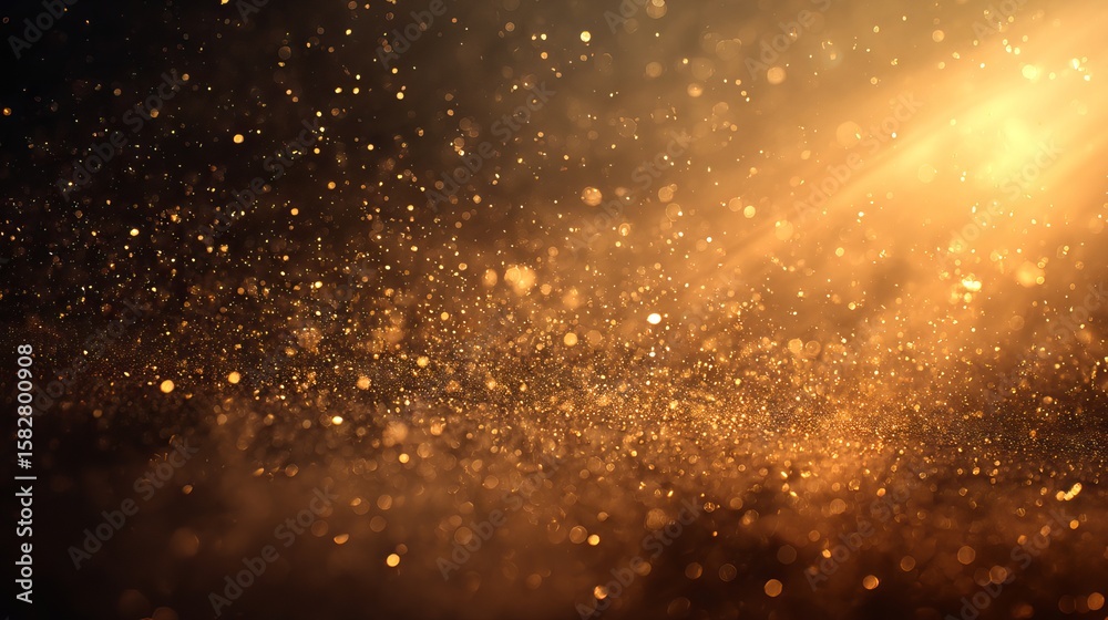 Fototapeta premium Golden bokeh light background with glowing particles and soft lens flare for elegant festive design or dreamy abstract backdrop