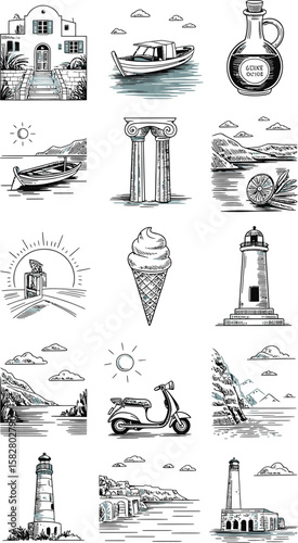 Collection of greek island scenes with a house boat lighthouse ice cream and olive oil