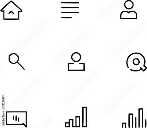 Collection of simple hand drawn black icons representing common digital interface elements