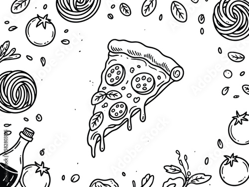 Hand drawn italian food ingredients including pizza slice pasta tomatoes and olive oil bottle