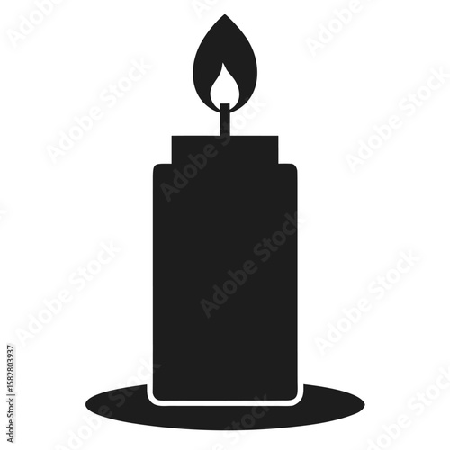 Black candle silhouette with flame and wax pool burning light