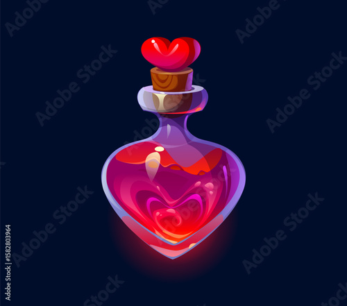 Witch magic potion bottle, Halloween love elixir. Alchemist or sorcerer magic spell RPG arcade vector item, wizard fantasy mixture game interface icon or witch potion bottle with heard and red liquid