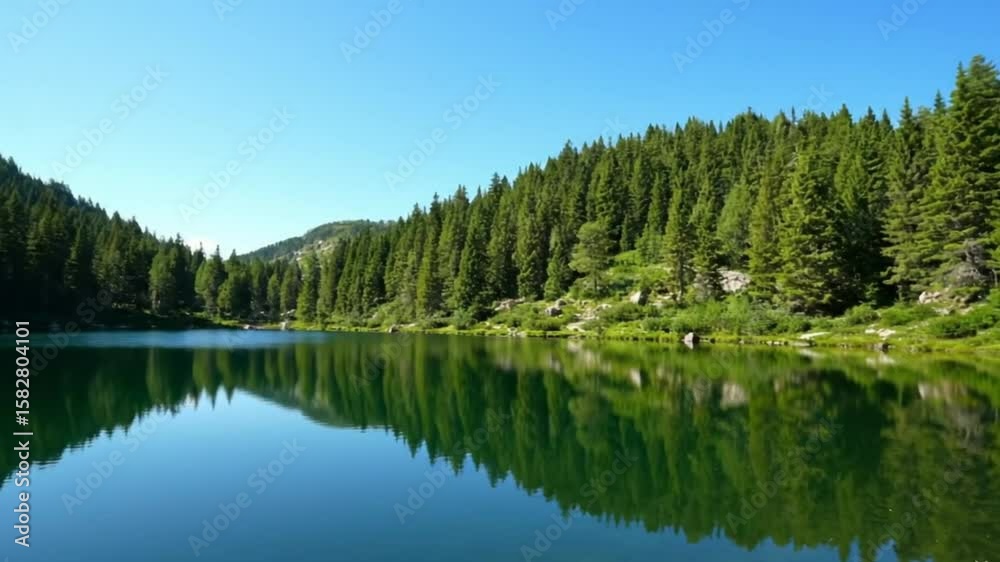A serene lake reflects the forested mountains under a clear sky creating a peaceful natural scene A serene lake reflects the forested mountains under a clear sky creating a peaceful natural scene
