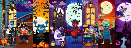 Cartoon scary Halloween characters collage. Funny witch, zombie, dracula vampire and wizard, devil demon, werewolf and dead pirate vector characters with Halloween holiday pumpkins, bats and graveyard