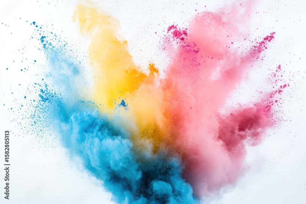Fototapeta premium Artistic explosion of pink, blue, and yellow powders, dynamic movement, white space