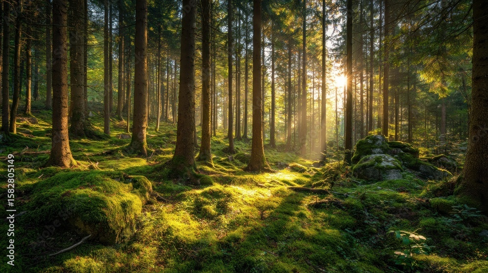 Obraz premium Sunlight streams through a dense forest