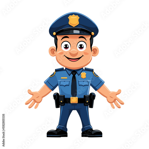Police officer smiling with open arms against white background