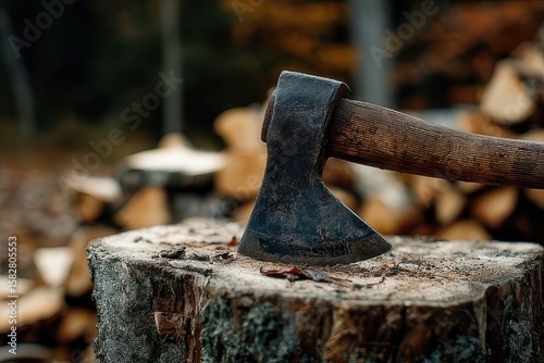 Axe splitting log on chopping block with woodpile in background