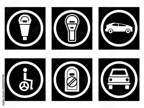 Collection of parking and accessibility related icons on a black background