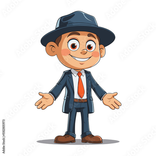 Detective smiling with magnifying glass on white background