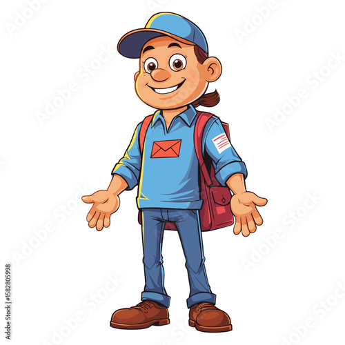 Smiling mailman offering letters against white background