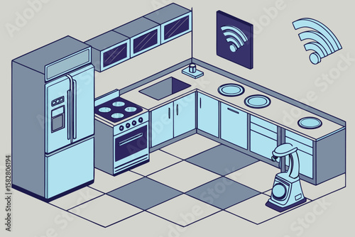 Isometric view of a kitchen with appliances, cabinets, and a robot assistant, all in blue tones